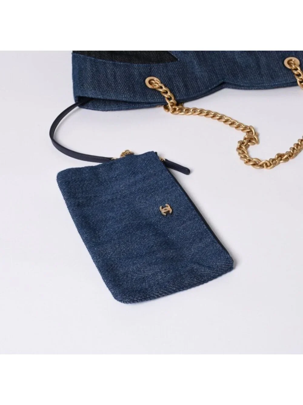 Chanel Chain Tote Bag Base CC Logo Denim Indigo Blue